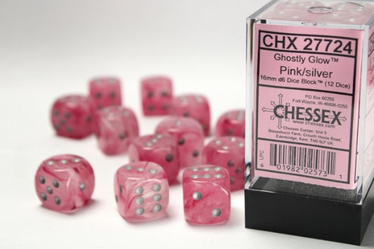 Chessex: Ghostly Glow - 16mm d6 Dice Block - Pink/Silver